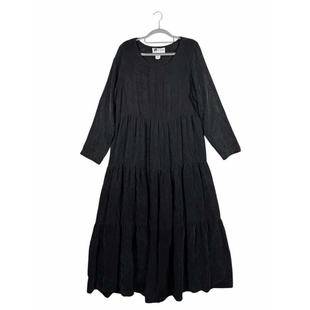 Vintage E. Clair Designs Black Midi Dress Size M Tiered Long Sleeve Boho Style
